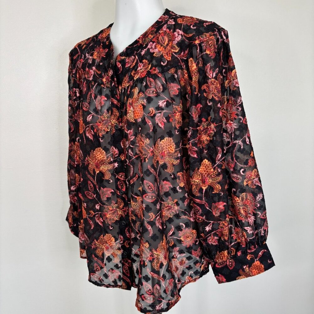 Ophelia Roe Top XL Black Orange Floral Textured 3/4 Sleeve Sheer Blouse‎ Women's - Picture 3 of 11